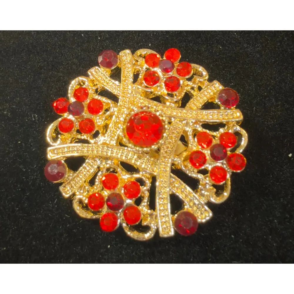 VTG Gold-Tone Ruby Red Rhinestone Floral Spray Brooch Berry Cluster Statement